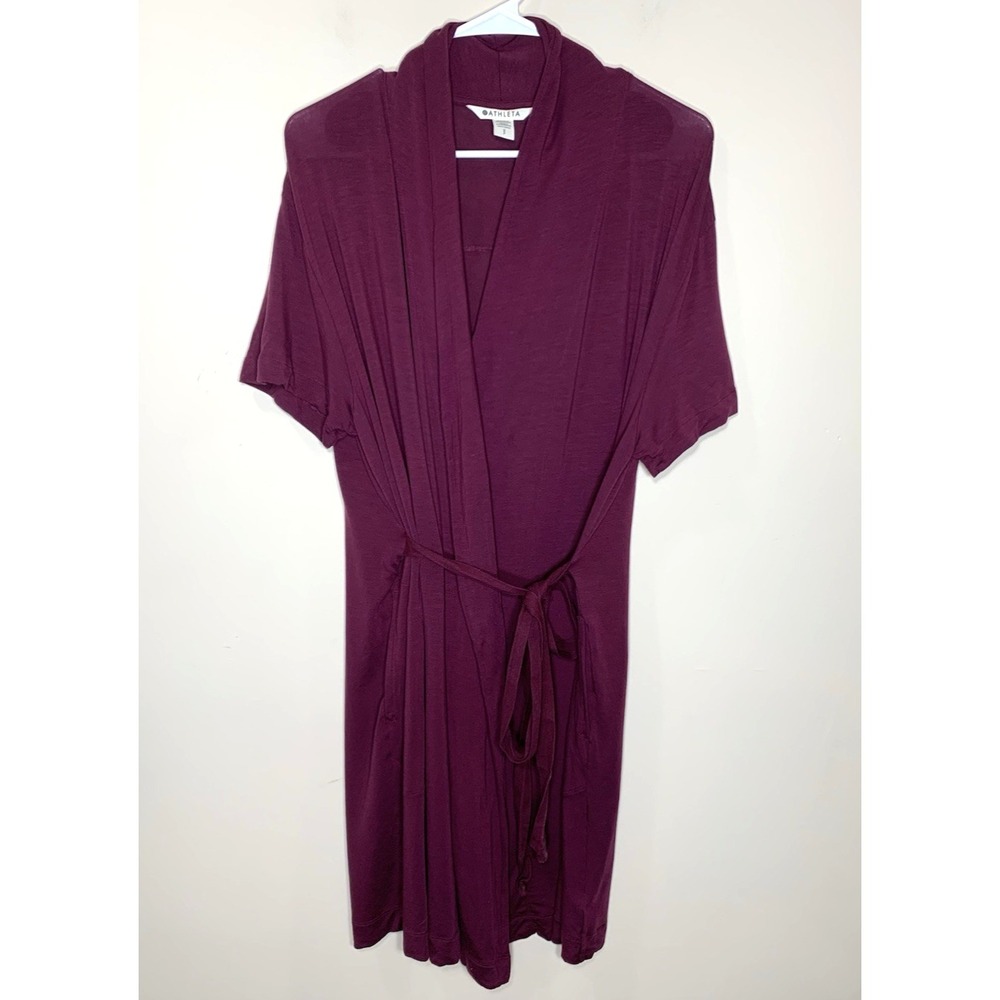 Athleta Short Sleeve Robe Womens Small Plum Purple Nighttime Bliss Pockets Wrap